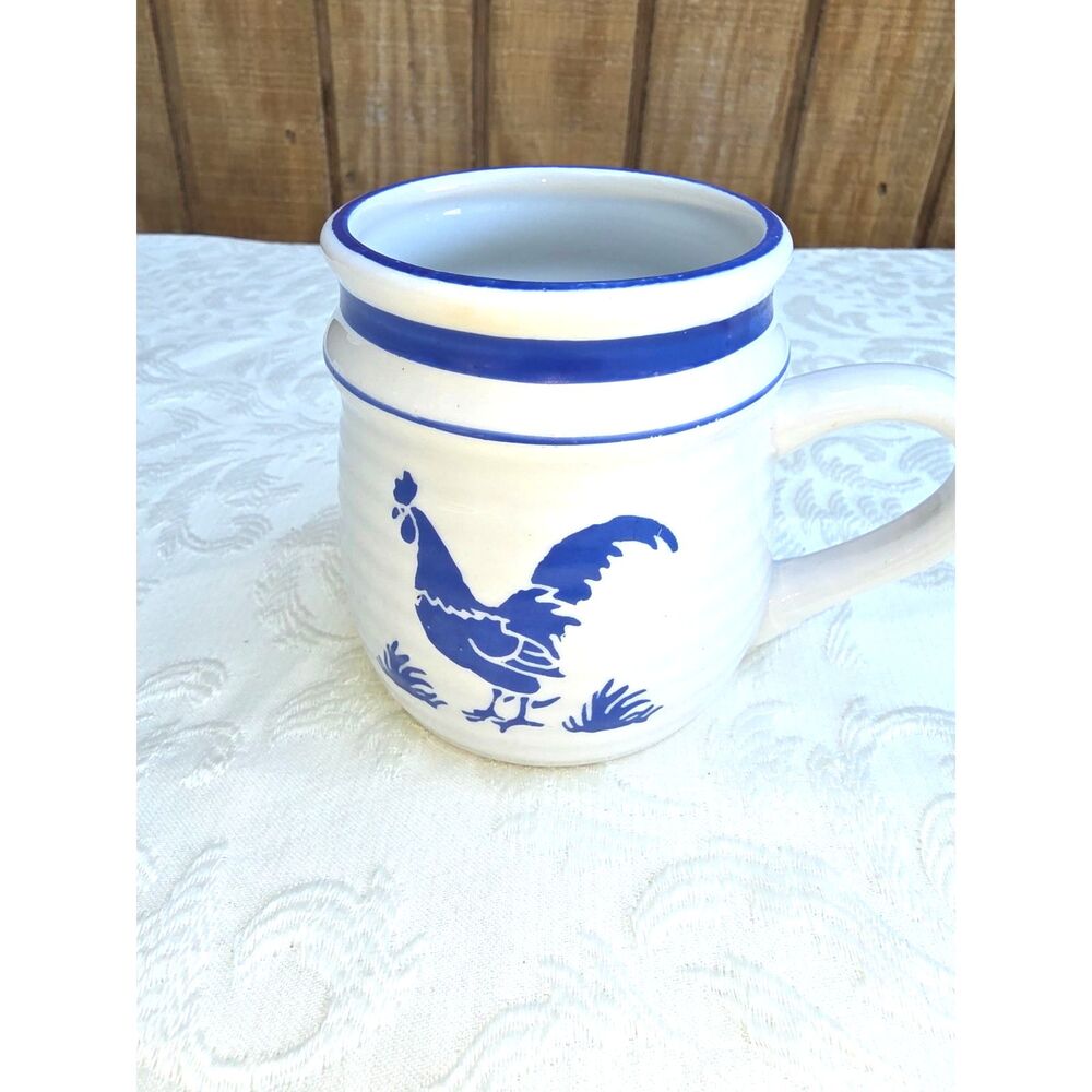 Vintage B.I. Inc. Blue White Stoneware Rooster Mug Farmhouse Replacement Cup